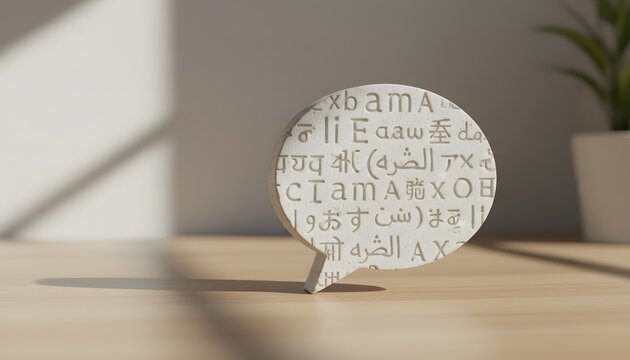 A white speech bubble icon representing global dialogue and multi-language chat communication, symbolizing the Mother Language Day concept for cultural understanding