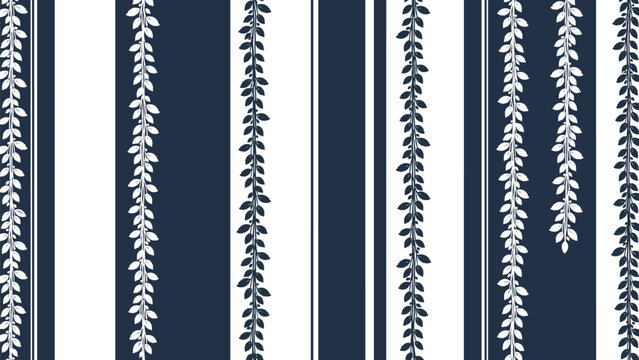 Seamless pattern of dark blue and white vertical stripes decorated with delicate vine of leaves, ideal for wallpaper and fabric textile prints.