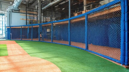 Fototapeta premium Indoor sports facility features a curved batting cage barrier next to artificial turf.