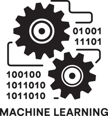 Industrial gears with binary code and MACHINE LEARNING text symbolizing digital intelligence