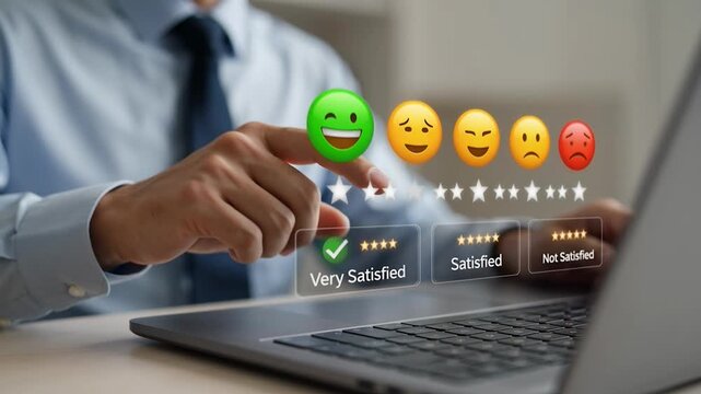 Man giving feedback with emojis on a laptop computer screen rating satisfaction