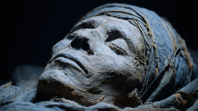 Somber mummified face of an ancient egyptian mummy. mysterious dead head of pharaoh from dark tomb, showing details of historical preservation up close