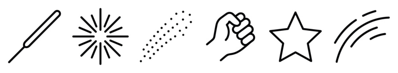 Obraz premium Set of black line icons featuring a sparkler, firework burst, glitter, clenched fist, star, and motion lines representing celebration, power, and success in a minimalist design