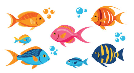 Fototapeta premium Colorful collection of various tropical fish species with air bubbles, illustrating vibrant underwater marine life in an aquarium.