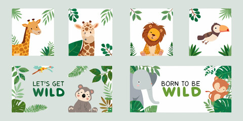 Fototapeta premium A collection of colorful animal illustrations with tropical foliage