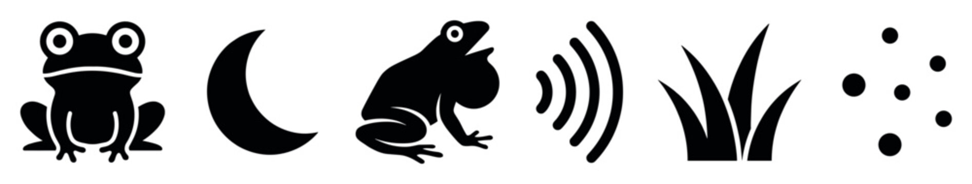 Collection of simple black silhouette pictograms representing a nighttime pond scene with a frog, moon, croaking sound, reeds, and insects in a clean graphic style