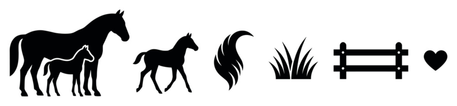 Set of black horse-themed silhouettes including a mare with her foal, a young colt, a flowing mane, grass, a rustic fence, and a heart symbol for creative design