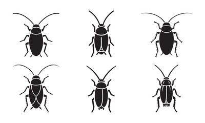 Set of 6 stylized black insect icons on white background: cockroaches