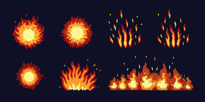 Pixel art illustration of various fire and explosion effects