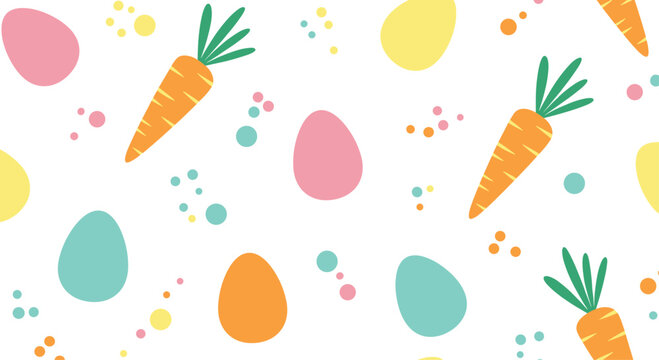Cute Easter seamless pattern with colorful eggs, orange carrots, and festive confetti dots on a clean white background.