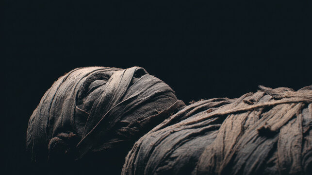Mysterious and creepy ancient mummy wrapped in burial bandage. This dead horror monster from dark historical egyptian tomb creates an eerie and scary atmosphere