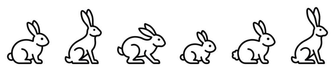Obraz premium Set of six rabbit or hare icons in various poses, including sitting and standing, rendered in a simple black and white minimalist line art style for versatile graphic use