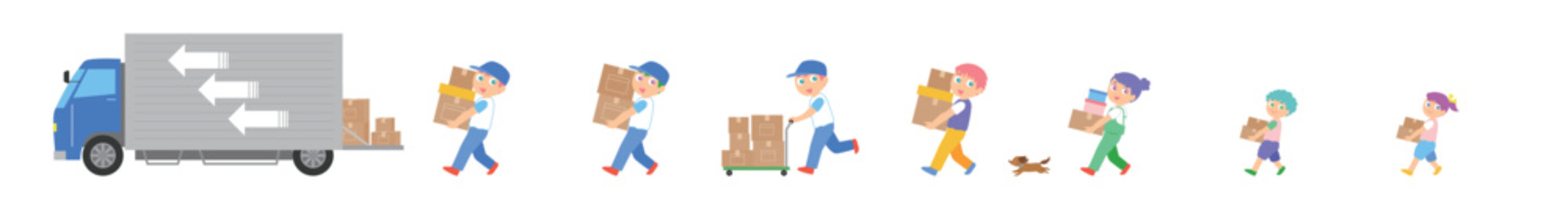 Family and Movers Carrying Boxes into Moving Truck Footer Illustration