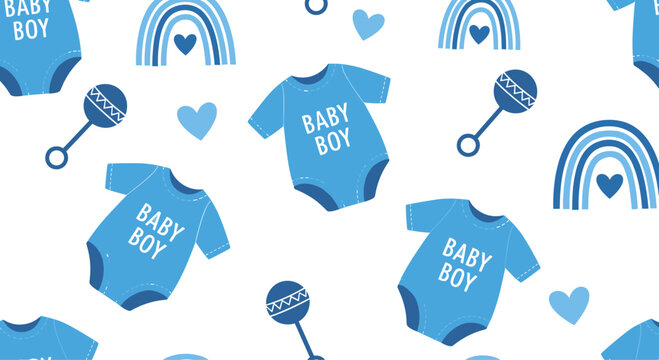 Sweet seamless pattern celebrating a new baby boy features blue onesies, rattles, rainbows, and hearts on a white background.