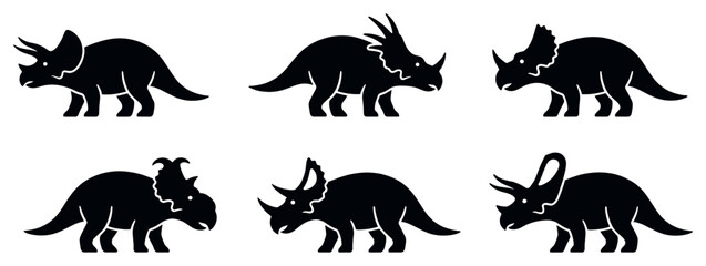 Obraz premium Set of six black dinosaur silhouettes featuring various ceratopsian species like Triceratops, presented as a collection of minimalist graphic icons in a clean, flat vector style