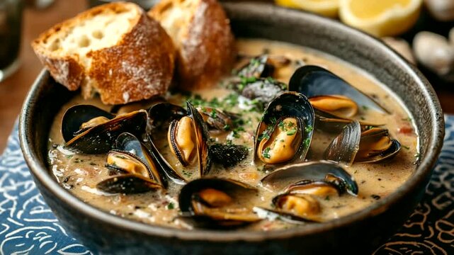 Delicious seafood chowder with mussels and crusty bread