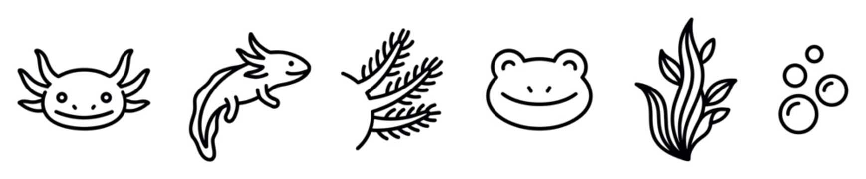 Set of cute hand-drawn aquatic animal and plant icons featuring an axolotl, frog, seaweed, and bubbles in a minimalist black and white line art vector illustration style
