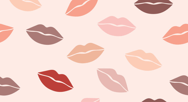 Seamless pattern of colorful lips in various shades of nude, pink, and red creates a chic and modern beauty-themed background.