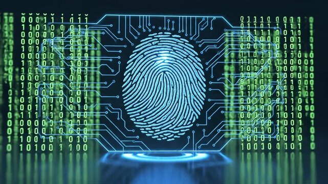 digital blue fingerprint scanning on dark background with circuit lines. biometric identification and cyber security concept. identity verification, personal data protection, access control.