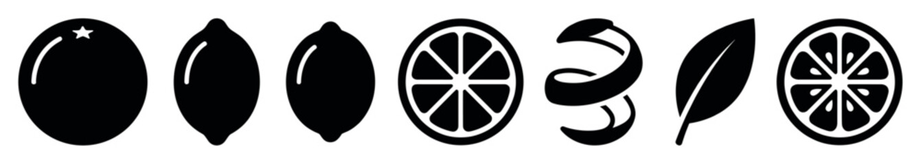 Obraz premium Set of black citrus fruit icons showing whole lemons, limes, cross-section slices, a spiral peel, and a single leaf in a minimalist graphic vector style