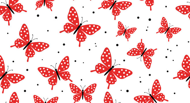 Playful seamless pattern with cute red butterflies with white polka dots and scattered black dots on a simple white background.