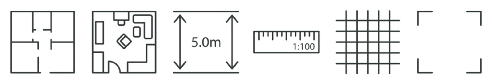 Architectural engineering and construction icon set showing floor plans, furniture layout, dimensions, a scale ruler, and grid symbols for technical blueprints and design projects