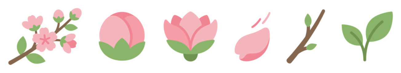 Obraz premium Set of pink cherry blossom illustrations showing the life cycle from bud to bloom, including a branch, flower, petal, and leaf in a flat, minimalist vector style