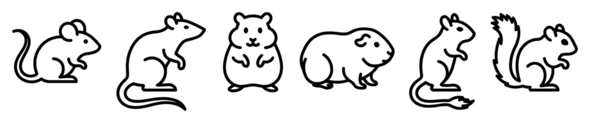 Obraz premium Set of six rodent icons including a mouse, rat, hamster, guinea pig, squirrel, and chipmunk, depicted in a simple black and white minimalist line art illustration style