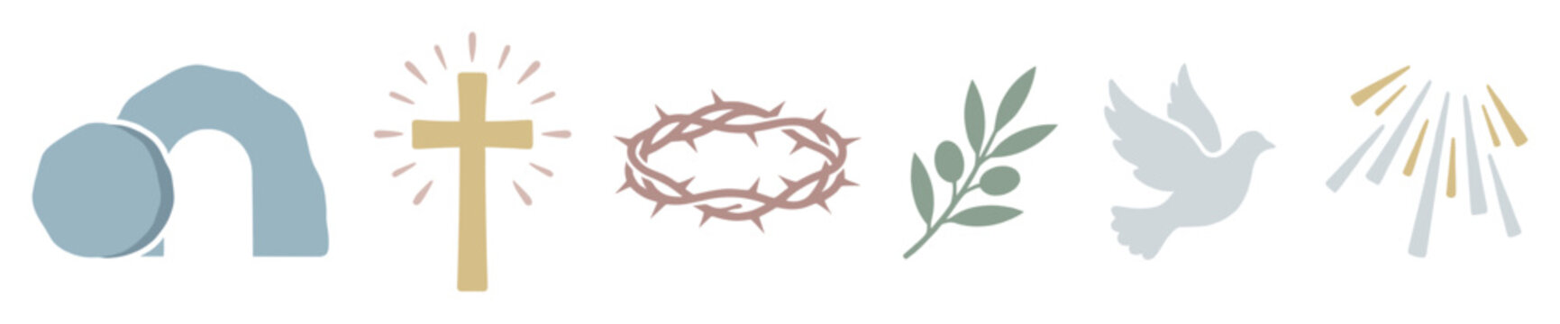 Set of Christian Easter symbols including the empty tomb, cross, crown of thorns, dove, and olive branch in a modern, minimalist style with a pastel color palette for religious celebration