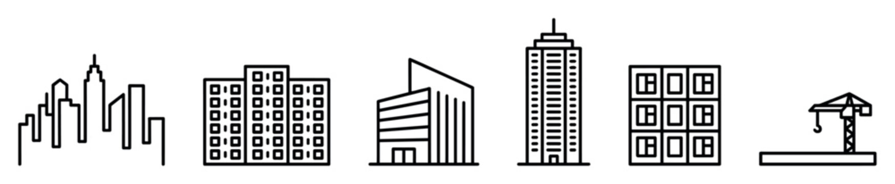 Set of black line art building icons showing various architectural styles from a simple city skyline and skyscraper to a modern office and construction crane in a minimalist vector set