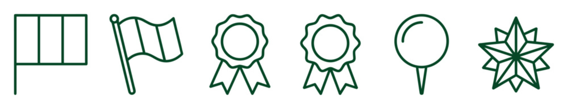 Set of dark green linear icons featuring tricolor flags, award ribbons, a map pin, and a geometric star, depicted in a clean and minimalist outline graphic style