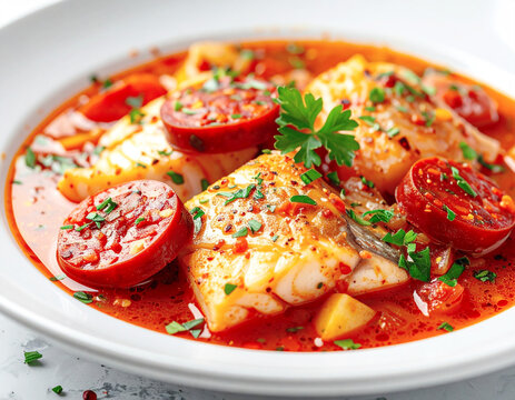 Fish stew with chorizo, closeup. AI
