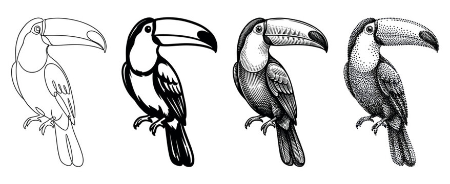 Four black and white toucan bird illustrations in various artistic styles including minimalist line art, bold silhouette, vintage engraving, and detailed stippling dotwork