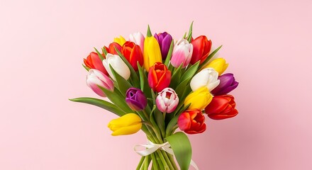 Obraz premium Vibrant bouquet of colorful tulips tied with ribbon on a soft pink background.