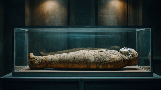 Mysterious ancient Egyptian mummy lies in glass case display at historical museum exhibit. dark, atmospheric lighting creates somber and eerie feeling