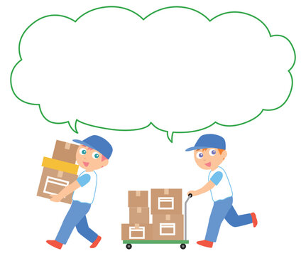 Two Male Movers Carrying Boxes with Speech Bubbles