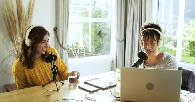 Recording starting, Diverse female co-hosts positioning mic at home studio and speaking for podcast