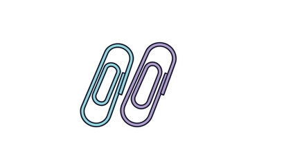 Obraz premium Pair of metallic paperclips in light blue and purple colors, leaning against each other on a white background for office and stationery designs.