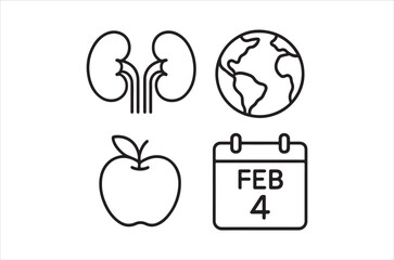 A simple black and white illustration depicting organs earth fruit and a calendar
