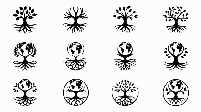 Collection of minimalist tree of life symbols with earth and roots on white background