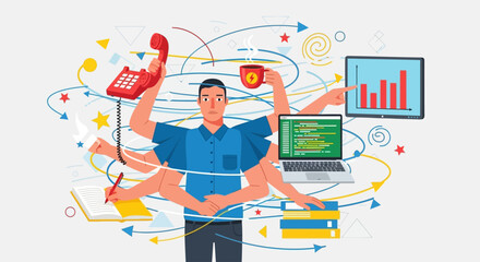 A multitasking individual managing multiple tasks with various devices and floating icons surrounding them in a busy workspace environment from a frontal viewpoint