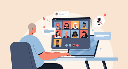 Naklejka premium Man working on laptop with video conferencing interface displaying multiple participants on screen in a modern office environment from behind