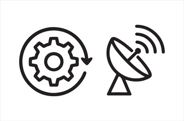 Line art depicting a satellite dish and gear symbol representing communication technology