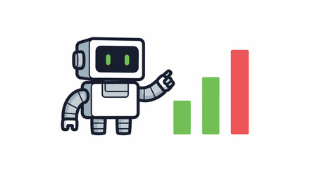 Robot analyzing data with green and red bar graphs beside it standing upright on a clean background from a straightforward viewpoint © Fendi