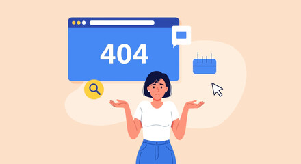 A confused woman stands in front of a large 404 error web page illustration while searching online © Fendi