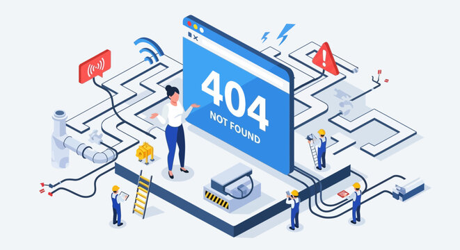 People interacting with a large 404 error screen in a maze-like digital environment from an isometric viewpoint