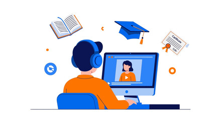 Naklejka premium Person learning online with computer and educational icons surrounding