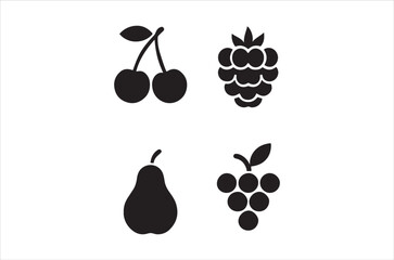 Black silhouette icons depict cherries raspberries a pear and bunches of grapes