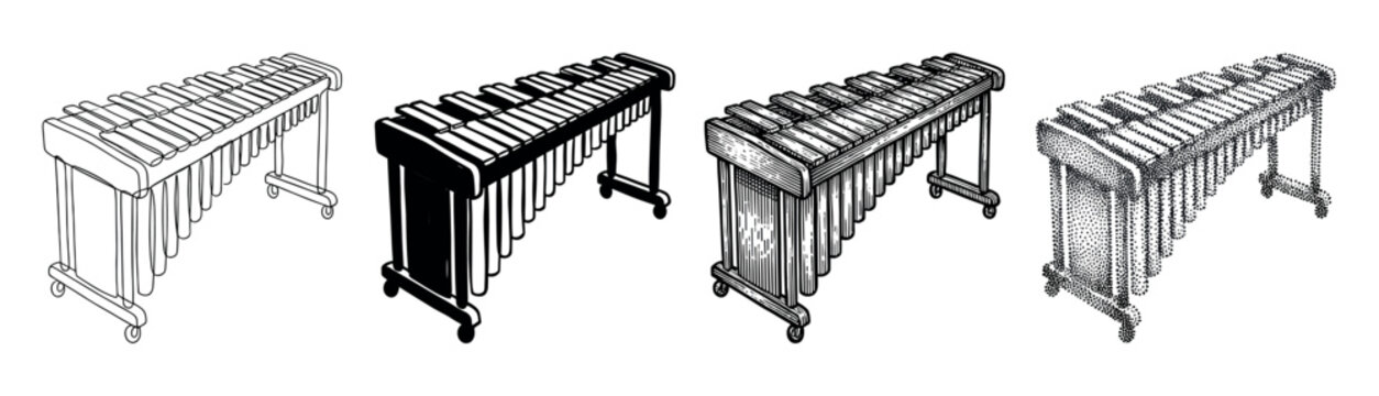 Four black and white xylophone illustrations in different artistic styles including line art, silhouette, engraving, and stippling, showing the musical instrument from an isometric perspective