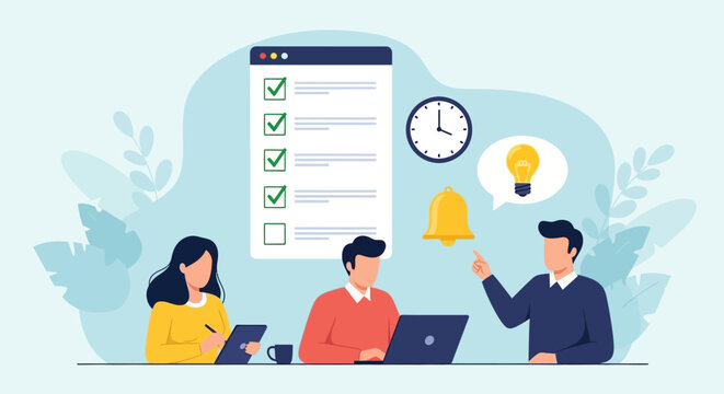 Team collaboration on a task list with a notification and idea generation in a modern workspace setting from a front viewpoint